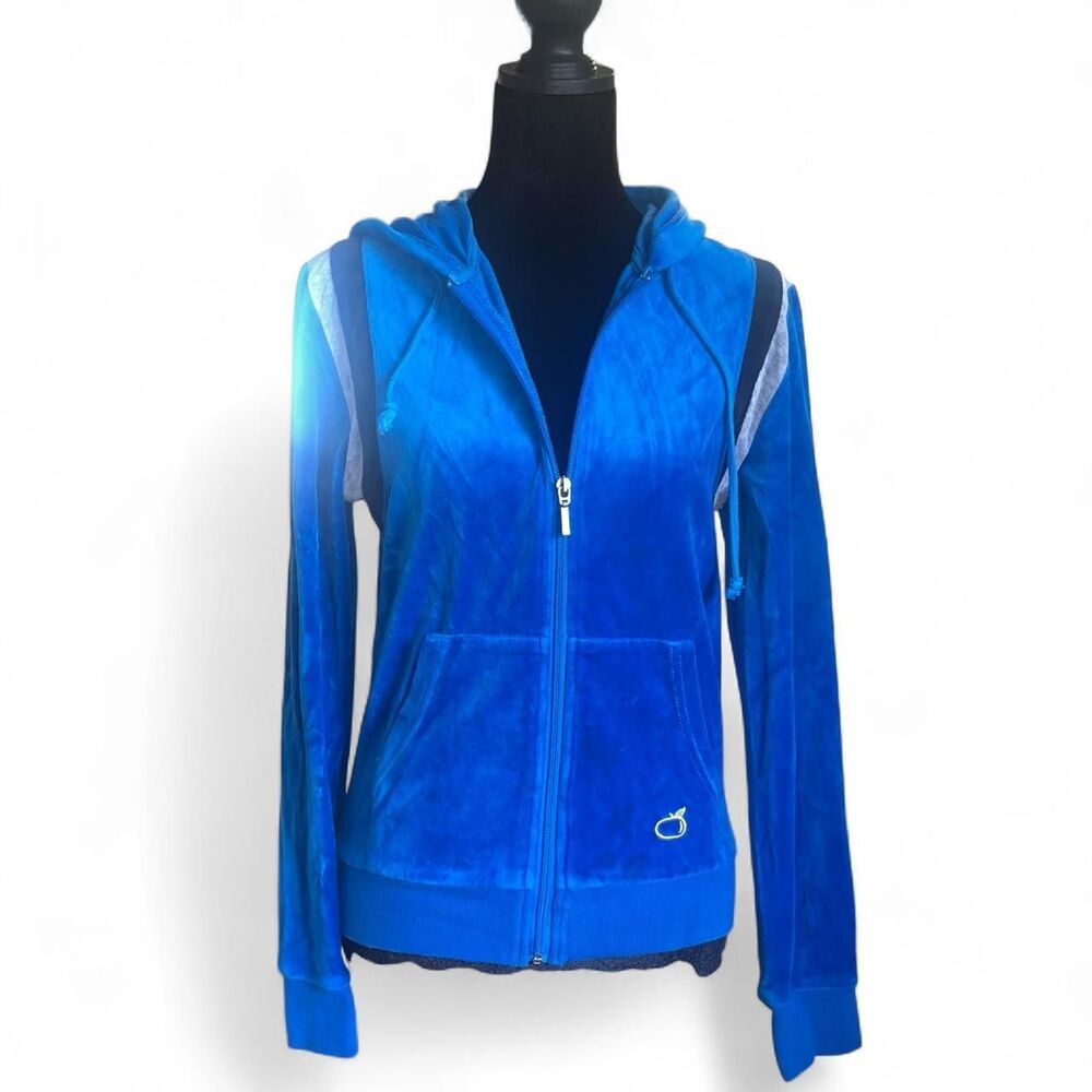 Y2K 2000 Mandarine Women's Blue Velour Zip Up Hoodie SZ S